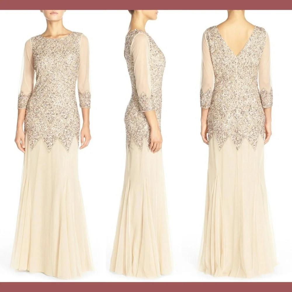 NWT JS Collections [ 4 ] Long Sleeve Embellished Tulle‎ Gown Champagne
